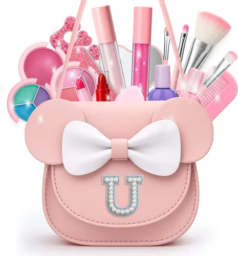 Vodolo Maquillaje No Tóxico para Niñas Pequeñas, Juegos de Maquillaje Real Seguros para Niñas de 3-8 Años con Bolsa con Inicial U, Kit de Maquillaje