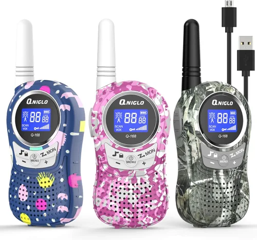 Miniatura 9 de QNIGLO Walkie Talkies para acampar para niños recargables, Walkie Talkies de camuflaje para niños y niñas, adecuados para juegos de aventura al aire