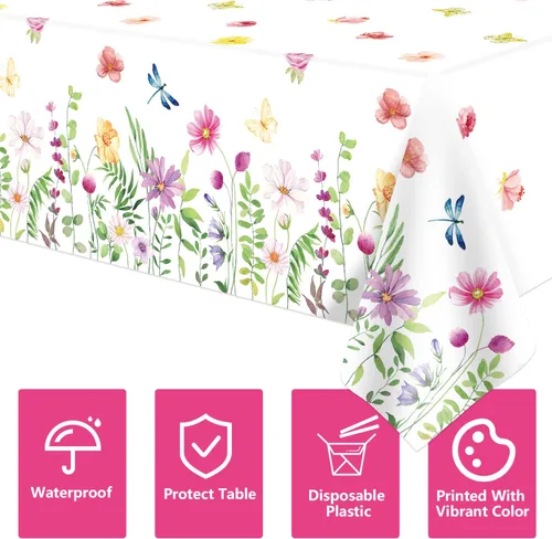 Miniatura 8 de 4 Pack de manteles florales de primavera con flores silvestres, mantel de plástico con flores de primavera, mantel desechable para decoración