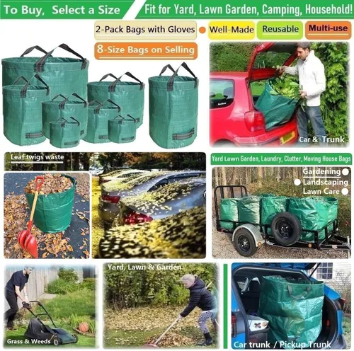 Miniatura 2 de Paquete de 2 bolsas profesionales de jardín grandes de 80 galones (D26, H33 pulgadas) con guantes de jardinería para bolsas de hojas, residuos