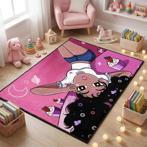 Miniatura 33 de Alfombra de área para dormitorio de niñas negras africanas, alfombra para sala de estar, sala de juegos, azul, lindo anime de dibujos animados