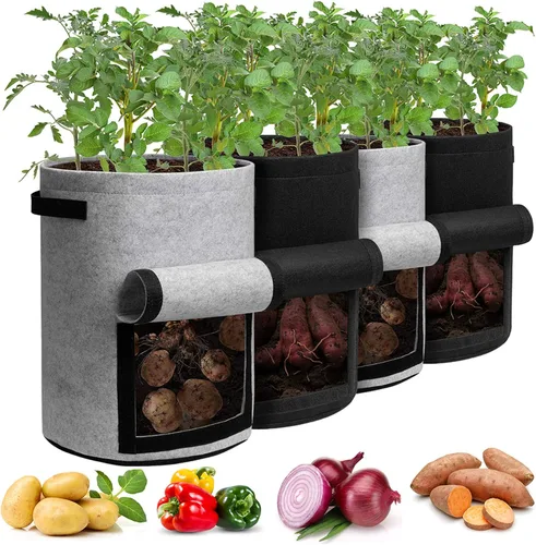 Homyhoo Bolsas de cultivo de patatas con solapa de 10 galones, paquete de 4 macetas con asas y ventana de cosecha para papa, tomate y verduras,