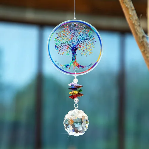 Miniatura 7 de Adorno colgante de chakra prisma de cristal con diseño de árbol de la vida K9 Crystal Glass Tree of Life Suncatcher Window Car Home Decor Rainbow