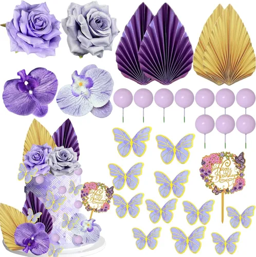 Miniatura 10 de 29 piezas de decoración de pastel de flores, hojas de palma, bola de mariposa, decoración bohemia para tartas, decoración de pastel de cumpleaños