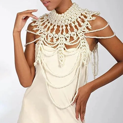 Miniatura 3 de YWCUTE Collar sexy trenzado con flecos de perlas y cadena de cuerpo de perlas de moda francesa multicapa, Beige