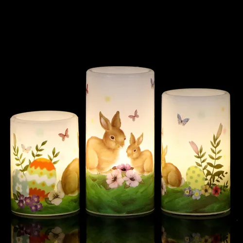 Wondise Velas sin llama de conejo de Pascua con temporizador de 6 horas, velas de pilar a pilas con huevos de Pascua, lirios, velas LED parpadeantes