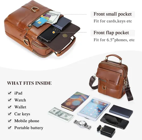 Miniatura 4 de BAIGIO Bolso bandolera de cuero genuino para hombre, bolso de mensajero pequeño para hombre, bolso de cuero para regalo de padre