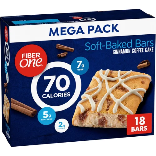Barras de fibra de Fiber One de 70 calorías, pastel de café con canela, mega paquete, 18 unidades, 16 onzas