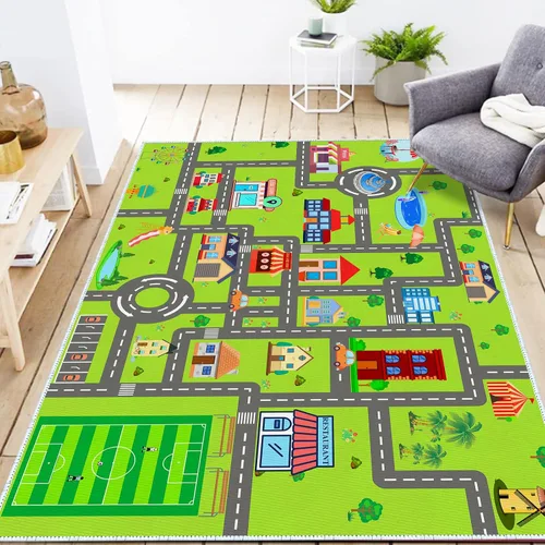 Miniatura 13 de Alfombra de coche para niños, 2 pies 7 pulgadas x 4 pies, alfombra de juego de tráfico urbano para autos de carreras y juguetes, divertida alfombra