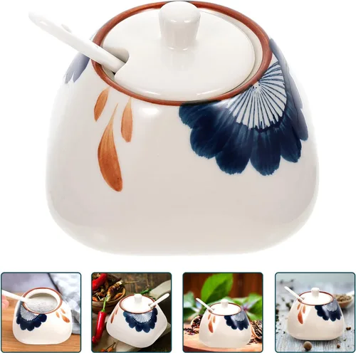 Miniatura 7 de Zerodeko Tarro de condimento de cerámica con cuchara de 10 onzas para cocina, contenedor de especias para sal, azúcar, pimienta, salsa
