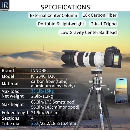 Miniatura 2 de Trípode de fibra de carbono Monopod INNOREL KT254C Trípode de viaje compacto portátil profesional para cámara DSLR, soporte de soporte de tubo