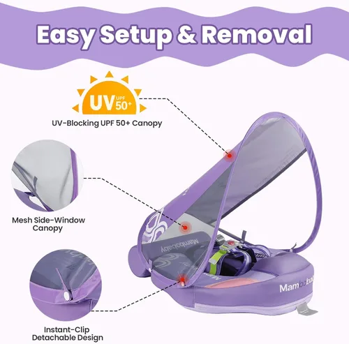 Miniatura 3 de Mambobaby Flotador no inflable para bebé con toldo, sistema de seguridad de cinco puntos, toldo 3D (desmontable) UPF 50+, flotadores de piscina