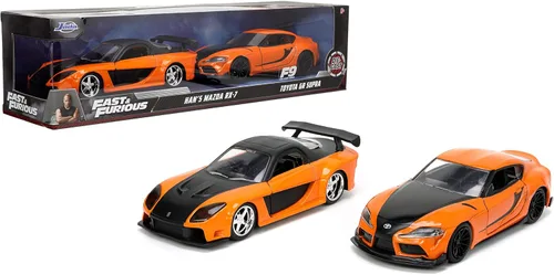 Jada Fast & Furious 1:32 Han's Mazda RX-7 y Toyota GR Supra - Paquete doble de autos fundidos, juguetes para niños y adultos
