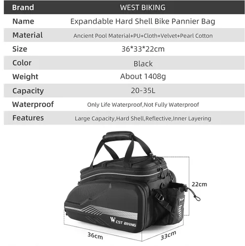 Miniatura 8 de Bolsas para bicicletas impermeables para el portaequipajes trasero Bolsa de alforjas de gran capacidad de 35L con fondo extra acolchado de espuma