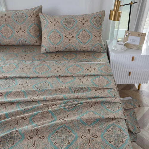 Miniatura 35 de Brandream Juego de sábanas tamaño King con estampado floral lujoso estilo bohemio con medallón azul y estampado de cachemira, colección de ropa