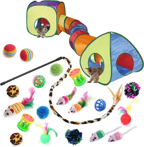 Miniatura 7 de GONPET - Juego para gatos de interior: 23 piezas de juguetes para gatitos, incluye túnel plegable para mascotas, varita interactiva para gatos