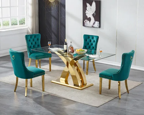 Miniatura 44 de Juego de mesa de comedor de cristal plateado moderno de 70 pulgadas para 4, juego de mesa de comedor rectangular de 5 piezas con patas de acero