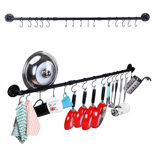 Miniatura 7 de WuGeShop Estante colgante para ollas de 38 pulgadas, montado en la pared con 10 ganchos en S, tapas de cocina, espátula para utensilios, organizador