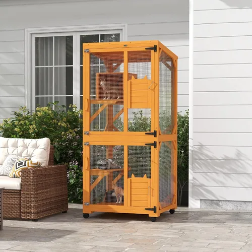 Miniatura 2 de Casa grande para gatos con caja de descanso alta, catio de madera de 71 pulgadas con techo de asfalto, recinto para gatos en interiores y exteriores