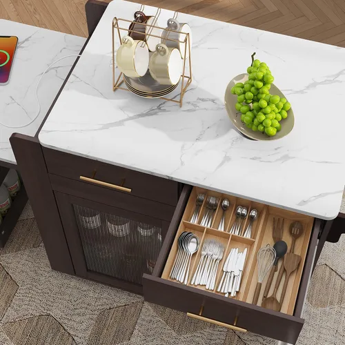 Miniatura 5 de HLR Isla de Cocina con Mesa de Comedor Extensible, Isla de Cocina con Encimera de Grano de Mármol y Enchufe Eléctrico, Carrito de Almacenamiento
