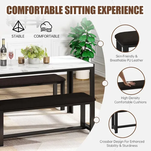 Miniatura 6 de Recaceik Juego de mesa de comedor para 4 personas con bancos tapizados de piel sintética, juego de mesa de comedor de mármol sintético para 4-6