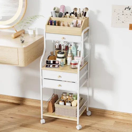 Miniatura 10 de SWTYMIKI Carrito organizador de maquillaje rodante, almacenamiento para el cuidado de la piel con cajones no tejidos, organizador de tocador