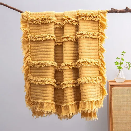 Miniatura 13 de Manta acolchada ultra suave y prelavada de tamaño individual color amarillo bohemio para cama, manta decorativa con flecos con volantes, manta