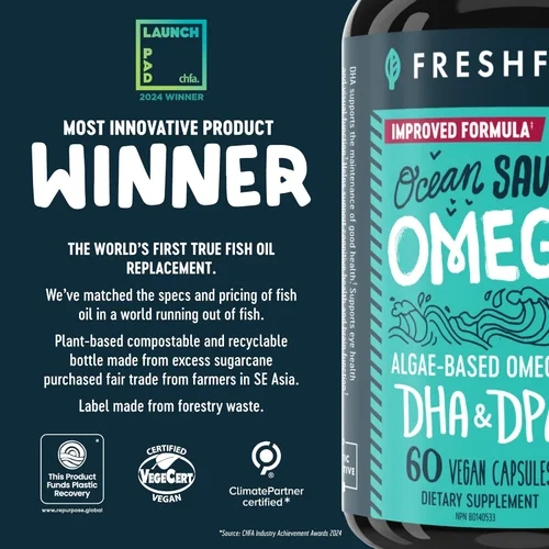 Miniatura 3 de Freshfield Omega 3, Suplementos de DHA, Fórmula potente 1 por día, Aceite de algas (algas), Omega vegano, aceite de pescado para ahorro de océano