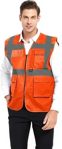 TOPTIE Chaleco de seguridad de alta visibilidad de 5 bolsillos con tiras reflectantes, chaleco de uniforme de trabajo Anaranjado Neón