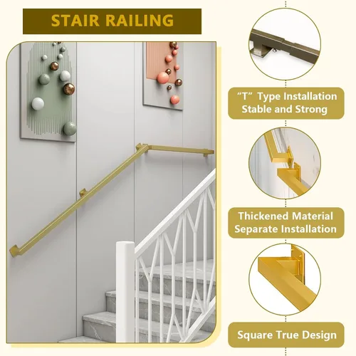 Miniatura 3 de Barandillas doradas para escaleras, barandillas modernas con soportes de hierro forjado y tornillos de metal, barra de seguridad para interiores