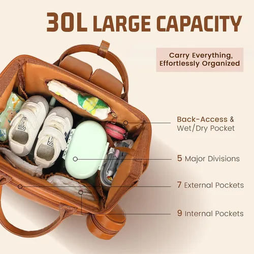 Miniatura 2 de ROSEGIN Mochila para pañales de piel vegana prémium con cambiador impermeable - Costuras y cremalleras reforzadas, bolsa de bebé para niño y niña