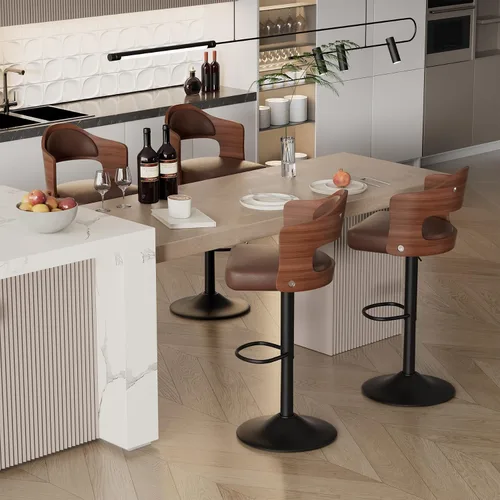 Miniatura 12 de Juego de 2 taburetes de bar giratorios, taburetes de bar de madera tapizados en cuero PU con respaldo y reposapiés, asiento de altura ajustable
