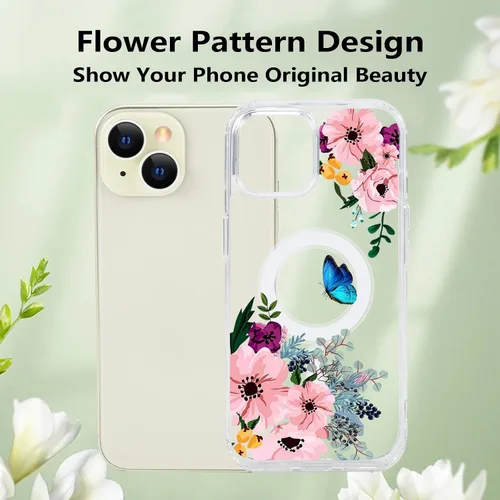 Miniatura 3 de Funda magnética de flores para iPhone 15 [compatible con MagSafe] Bonito patrón floral transparente a prueba de golpes