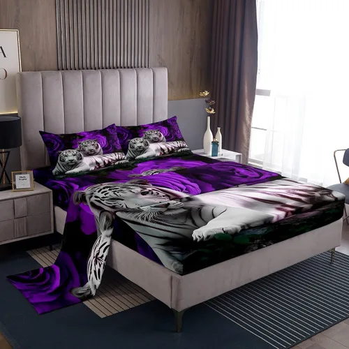 Miniatura 12 de Erosebridal Sábanas de cama de guepardo con rosa roja, juego de sábanas de bolsillo profundo con estampado de leopardo y gato, sábana bajera