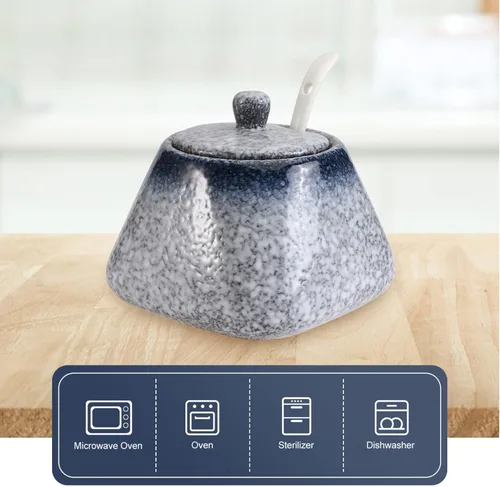 Miniatura 5 de Cabilock Azucarero japonés de cerámica, recipiente de condimento vintage, tarro de almacenamiento de sal con tapa y cuchara para cocina, Azul
