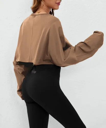 Miniatura 5 de SAFRISIOR Camiseta corta de manga larga de gran tamaño para mujer, cuello redondo, hombros caídos, camiseta corta casual para entrenamiento