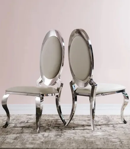 Miniatura 4 de Asday Sillas de comedor blancas y plateadas, sillas de comedor de piel sintética blanca con magnífica parte trasera ovalada y patas de acero