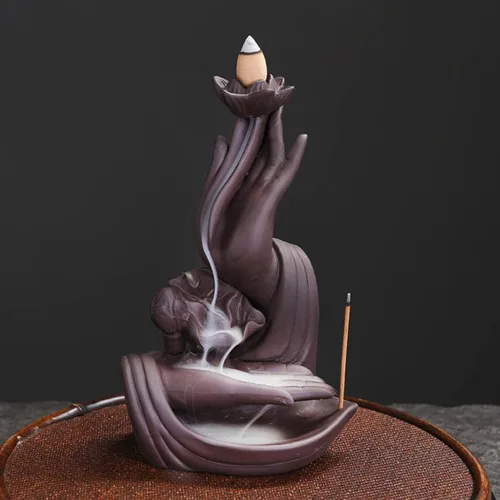 Miniatura 2 de Quemador de incienso de mano de Buda de cerámica para interiores, soporte de incienso de cascada de humo creativo Lotus para aromaterapia, adorno