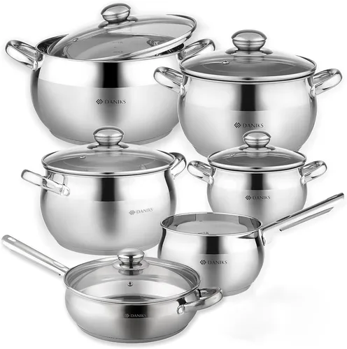 Daniks Juego clásico de utensilios de cocina de acero inoxidable de 11 piezas con tapas de vidrio, incluye cacerola y sartén con tapa, bases de tres