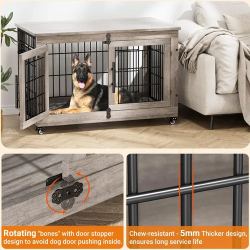 Miniatura 7 de Lulive Muebles de Jaula Grande para Perros, Mesa Auxiliar de Jaula para Perros de Madera de 38'', Perrera para Perros de Doble Puerta