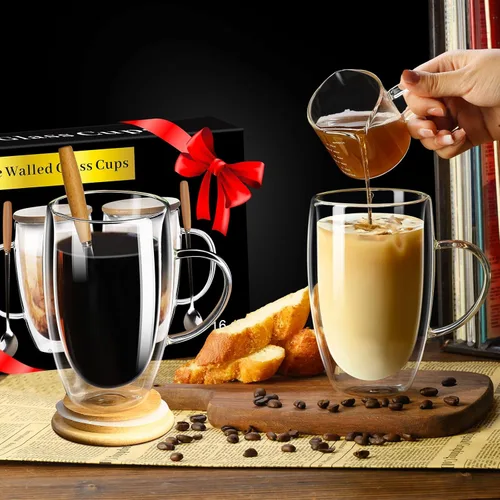 Miniatura 7 de PARACITY Tazas de café de vidrio de doble pared de 16 onzas con tapa/cuchara de bambú, juego de 2 tazas de café de vidrio con asa, taza de café