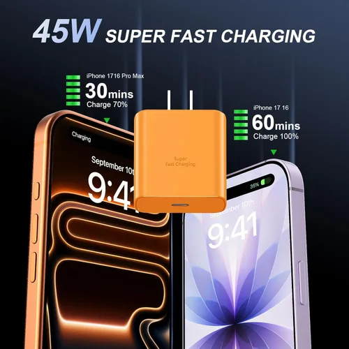 Miniatura 2 de Cargador para iPhone 17 16 Pro Max de carga rápida, 45 W USB C iPhone 17 16 bloque de carga súper rápido con cable de carga tipo C de 10 pies