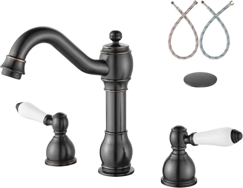 Miniatura 12 de Aolemi Grifo mezclador de lavabo de baño de 8 pulgadas, 3 agujeros, montaje en cubierta, con montaje de drenaje emergente, mango de doble palanca