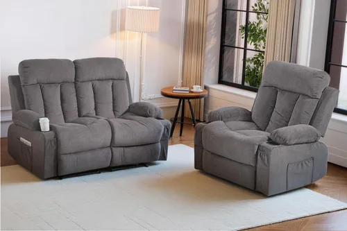 Miniatura 10 de Juego de sofá reclinable manual, 3 piezas con bolsillos laterales, portavasos para cine en casa, oficina (azul, sofá biplaza+silla)