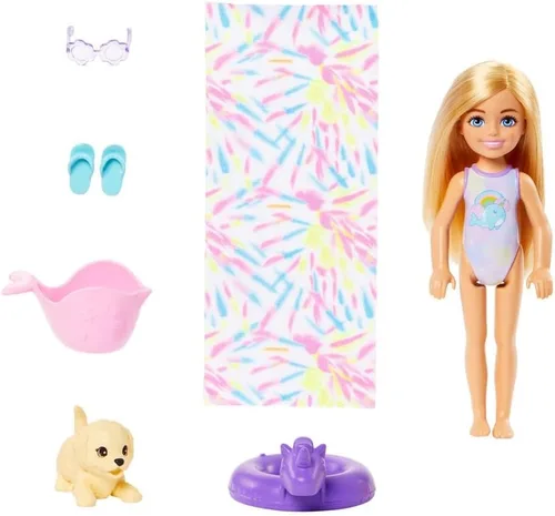 Miniatura 3 de Barbie HTK39 Juego de tobogán acuático arcoíris con muñeca Chelsea y cachorro, altura 7.9 in, accesorios incluidos, juguete para niños, a partir