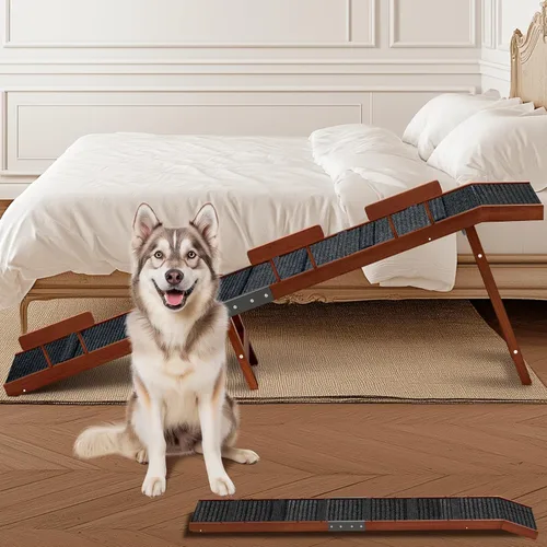 Easyego Rampa plegable para perros para cama, rampa de madera para mascotas de 74 pulgadas con rieles laterales y alfombra de alta tracción, Nogal