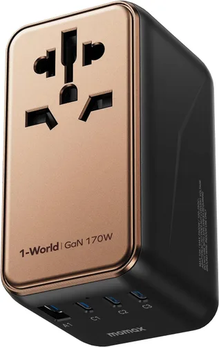 Miniatura 11 de MOMAX Adaptador de viaje universal 7 en 1, adaptador de enchufe de viaje europeo GaN 45W para iPhone 17, 3 USB-C PD y 2 USB-A QC, 2 AC, adaptador