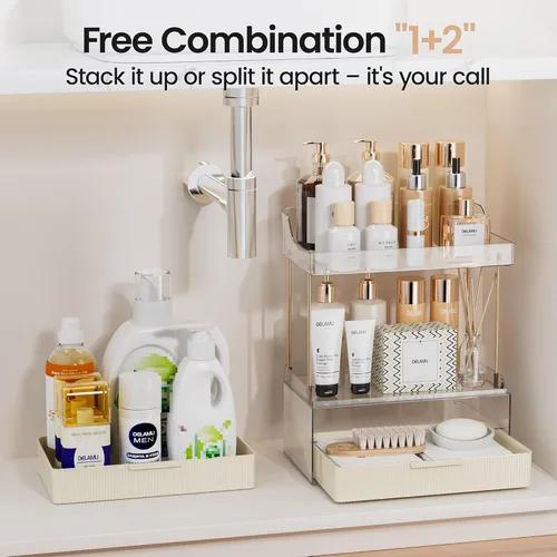 Miniatura 5 de Delamu Organizadores y Almacenamiento de Baño, Organizador de Maquillaje de 2 Niveles 2 Cajones para Encimera, Fácil de Instalar, Ideal para Blanco