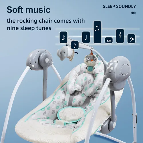 Miniatura 7 de Cómodo columpio portátil para bebé, cómoda mecedora con música relajante, plegable, diseño biónico, se pliega fácilmente, barra de juguetes