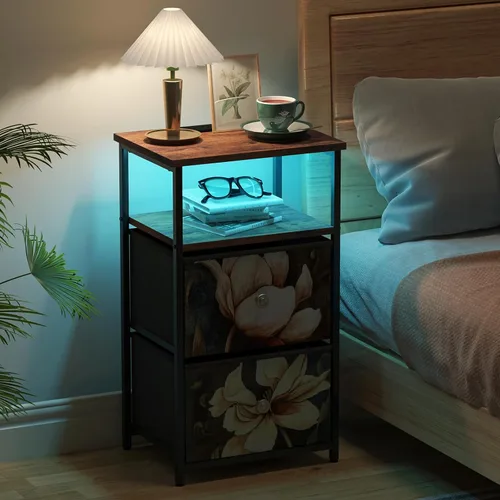 Miniatura 7 de ALBAD Mesita de noche con estación de carga/carga, mesita de noche LED para dormitorio, mesita de noche con cajones de almacenamiento, mesa auxiliar